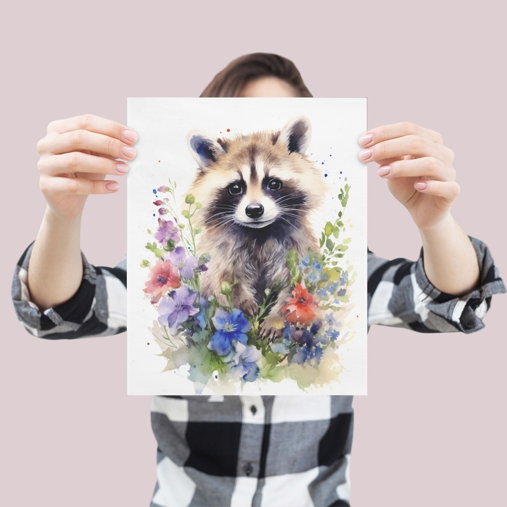 Watercolor Floral Raccoon Wall Art Illustration Print Poster Card Unframed - Picture 4 of 6